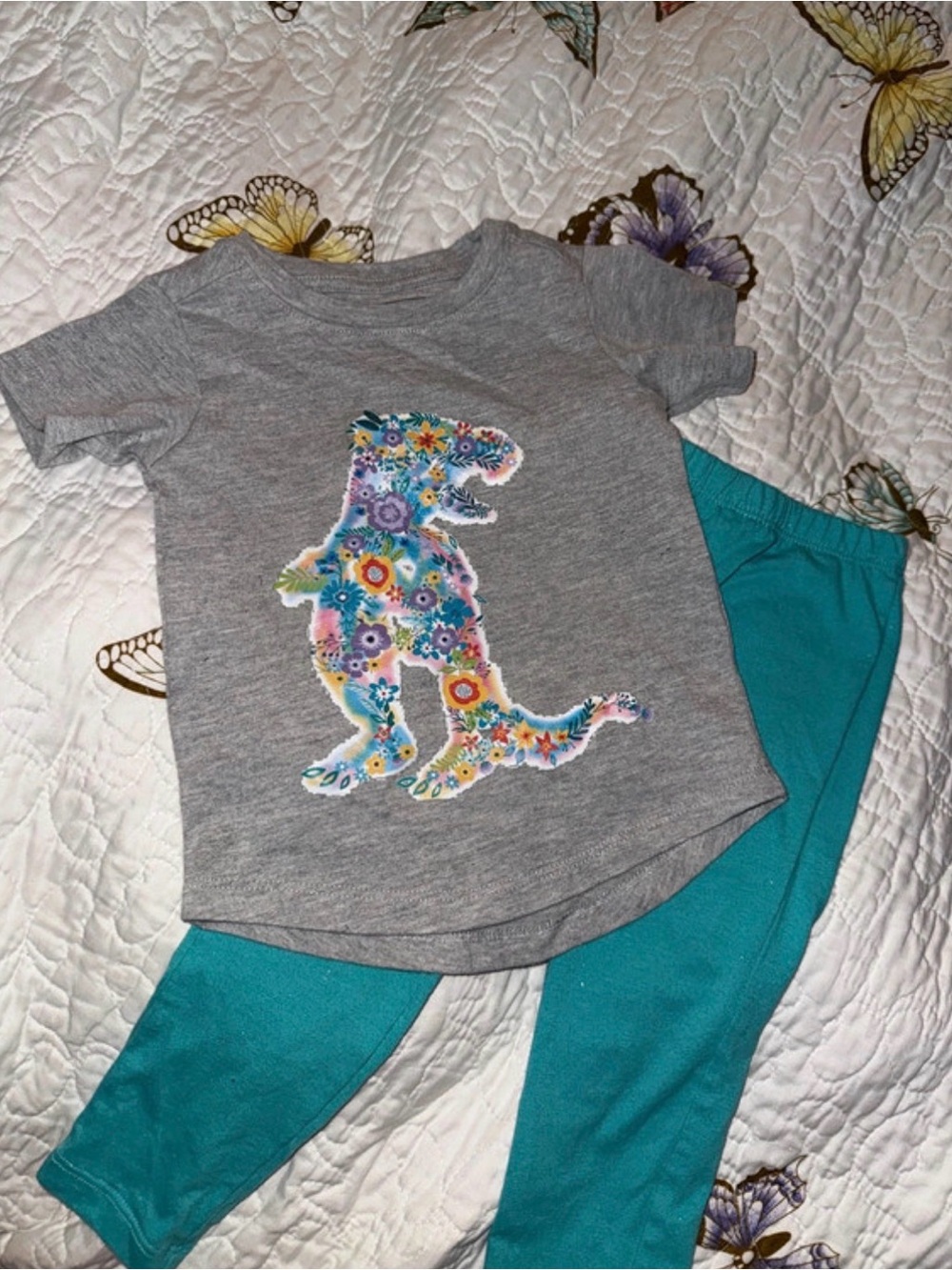 Andy & Evan Gray Tee with Teal Leggings and Floral Dino